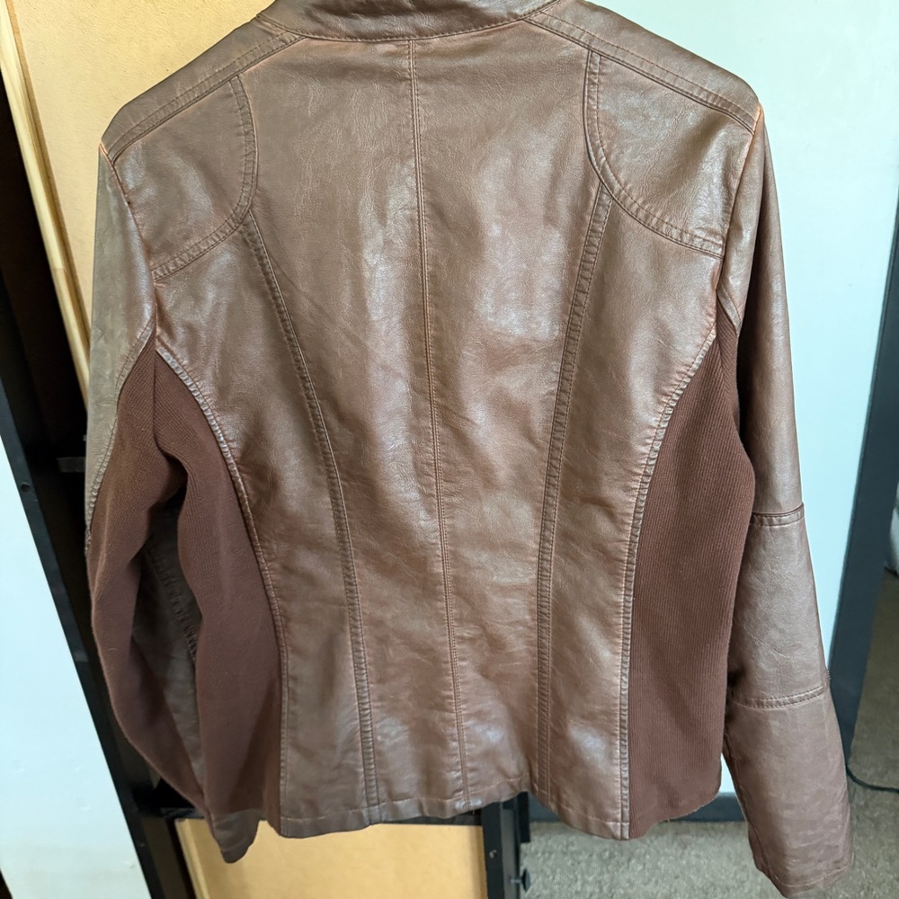 Maurices Vintage Vegan Faux Leather Knit Full Front Zip Jacket Moto Brown L - Picture 2 of 8